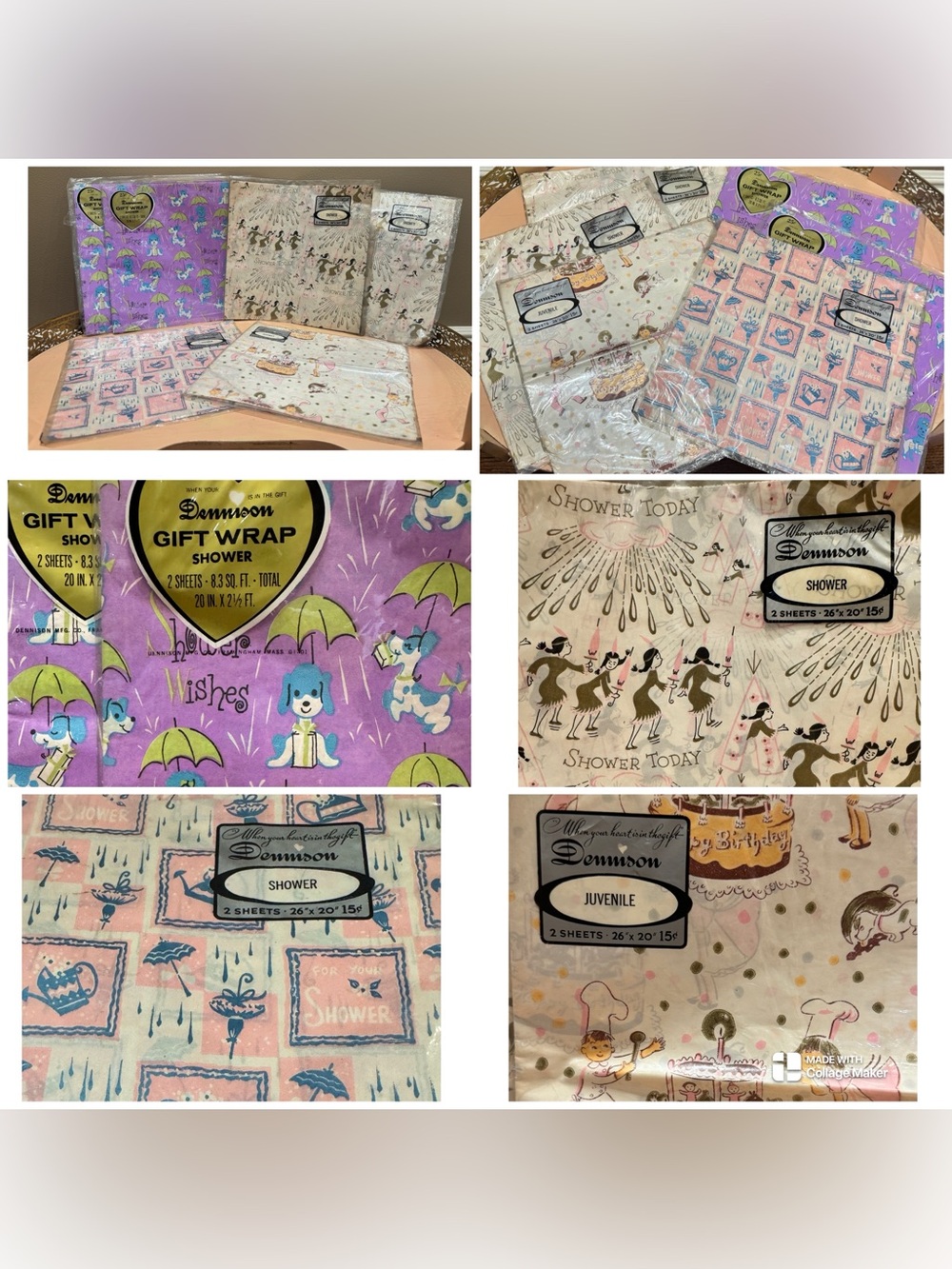 Vintage Dennison Gift Wrap Lot of 6 Unopened 1950s Shower Juvenile Birthday NOS